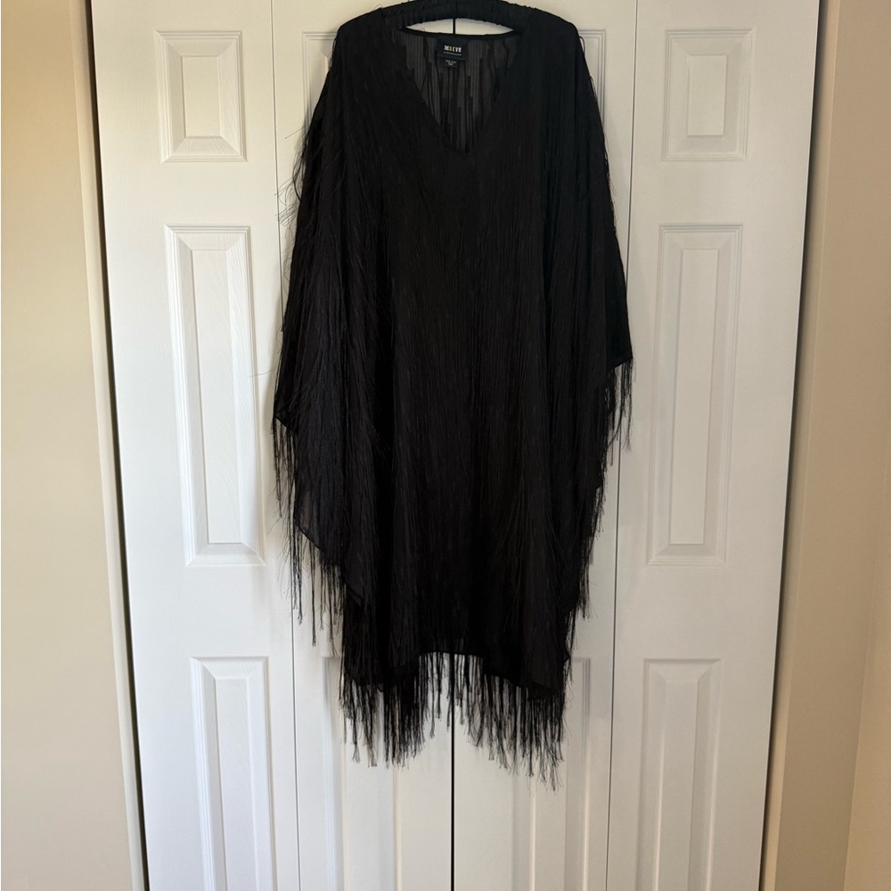 Maeve Black Fringe V-Neck Dress/Cover-Up